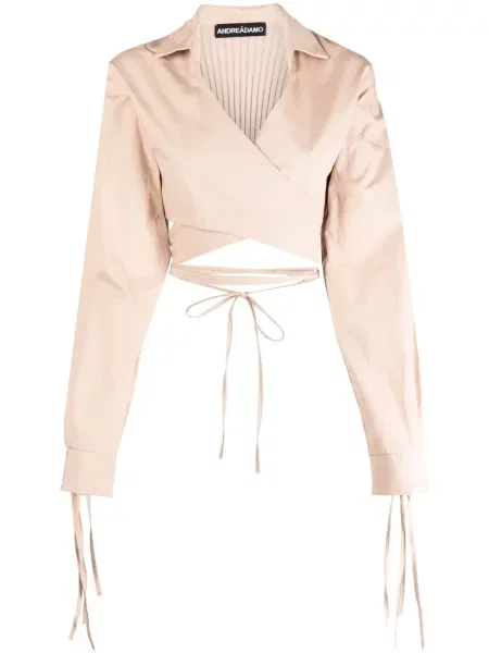 Bluzka Andreadamo o krotszym kroju kopertowa brązowa