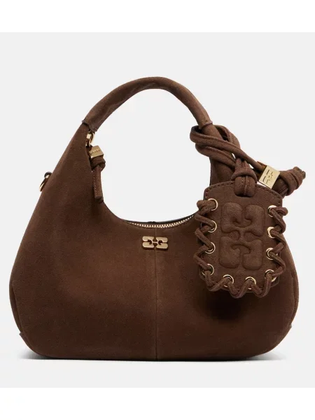 Geantă Ganni din piele de căprioară maro