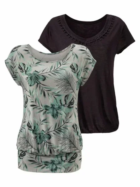 LASCANA Tricou gri / verde iarbă negru