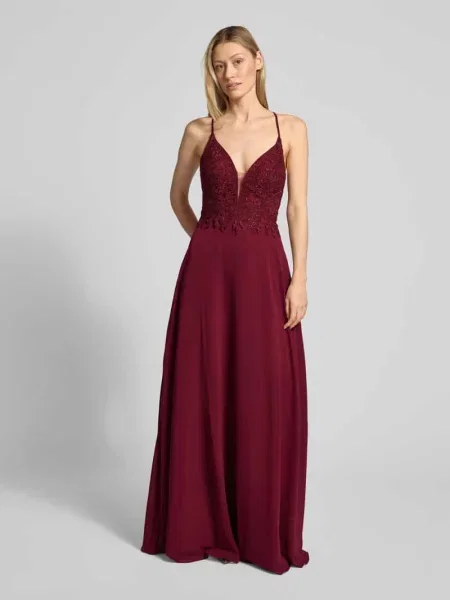 Sukienka wieczorowa z kwiatowym obszyciem ozdobnymi kamieniami Luxuar Fashion