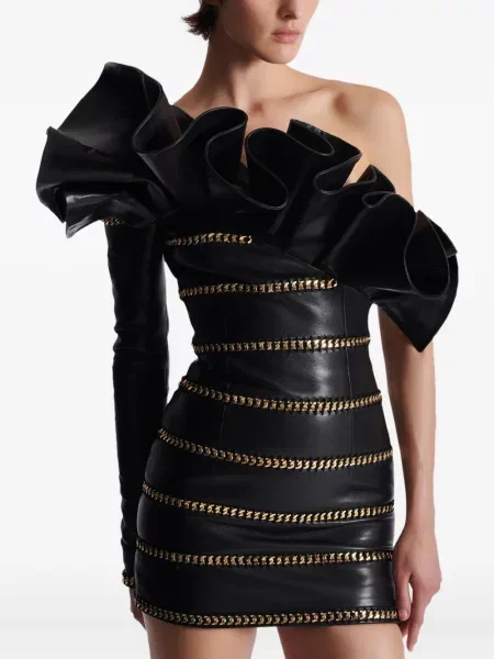 Rochie mini Balmain din piele asimetrică negru