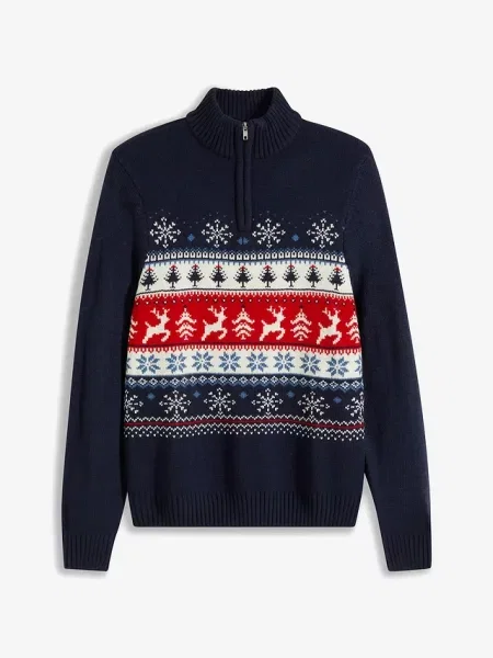 Sweter w norweski wzór ze stójką niebieski