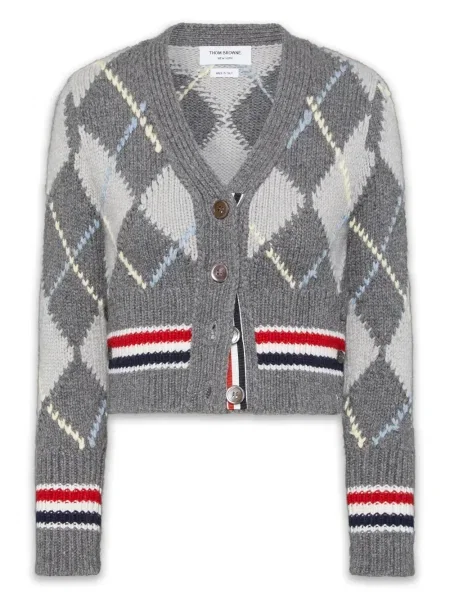 Cardigan Thom Browne cu decolteu în V cu model argyle gri