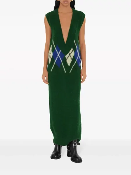 Vilnonis maxi suknele Burberry su argyle raštu žalia