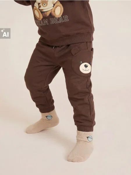 Sinsay jogger tepláky s motivem medvídka hnědá