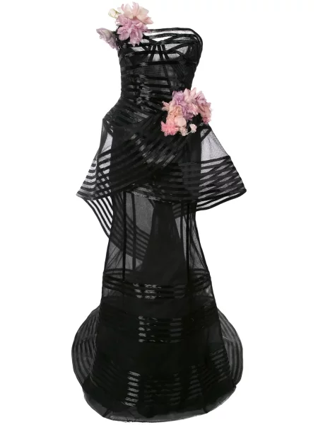 Rochie Marchesa cu model floral fără bretele negru