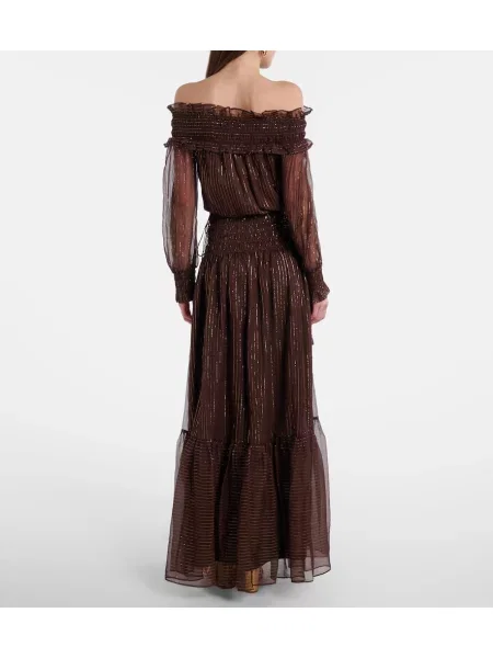Rochie maxi Self-portrait de mătase de costum maro