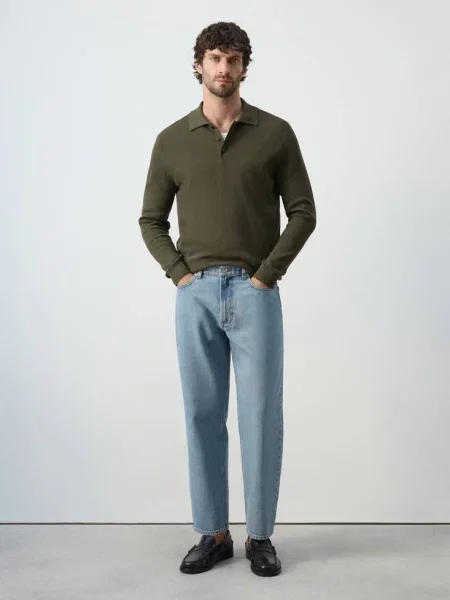 Sweter polo z cienkiej dzianiny z domieszką bawełny oliwkowozielony Mężczyzna S MANGO MAN