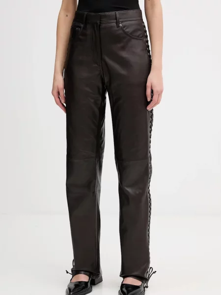 Rotate pantaloni de piele lat high waist maro