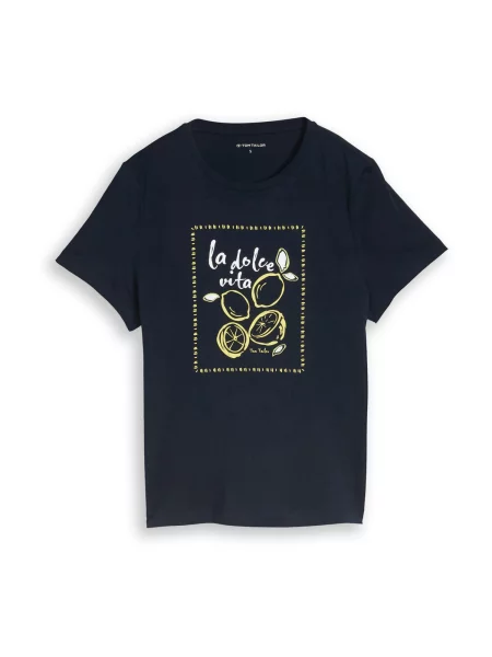 TOM TAILOR Tricou albastru închis / galben lămâie alb