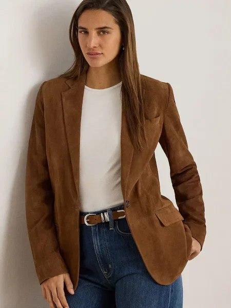 Lauren Ralph Lauren sacou cu un singur rând de pentru femei din piele întoarsă maro