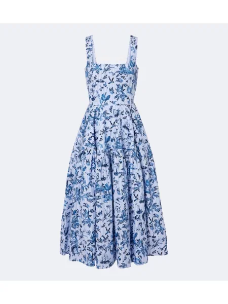Rochie midi Erdem cu dungi cu imagine din poplin albastru