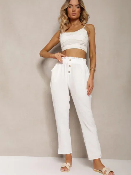 Spodnie Typu Paper Bag High Waist z Gumką w Talii Salvavia białe
