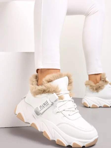 Sznurowane Sneakersy Chunky z Futerkiem i Grubą Podeszwą Nimfore białe