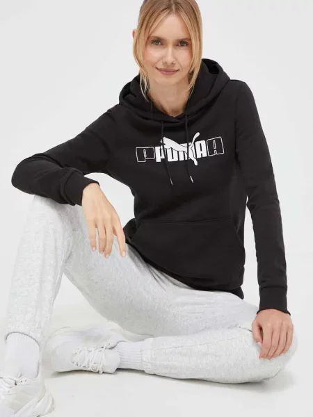 Суичър с качулка Puma с качулка с принт черно