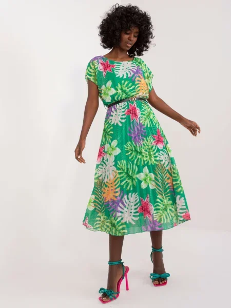 Rochie midi Fashionhunters cu imprimeu tropical până la genunchi de costum verde