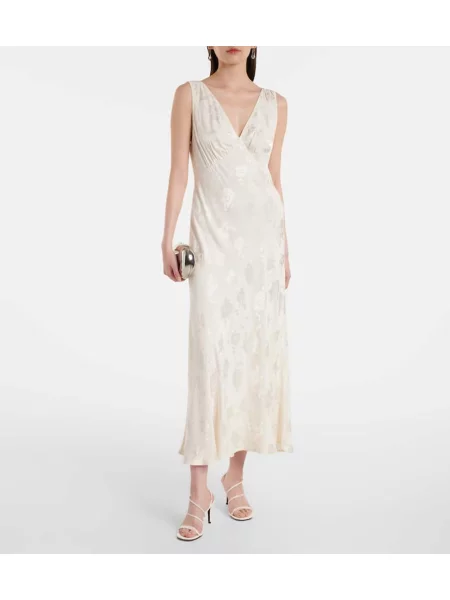 Rochie midi Rixo cu model floral din jacard până la genunchi alb