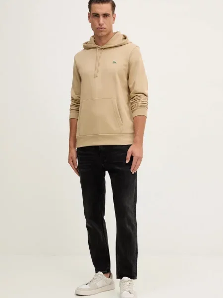 Lacoste pulover s kapuco bombažen bež