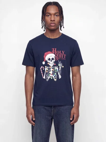 JACK & JONES Tricou JJMERRY SKULL XMAS bleumarin / roşu închis alb