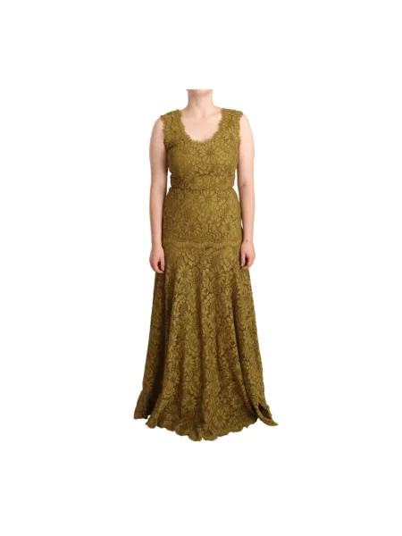 Sukienka maxi Dolce And Gabbana bez rękawów z dekoltem w serek koronkowa brązowa
