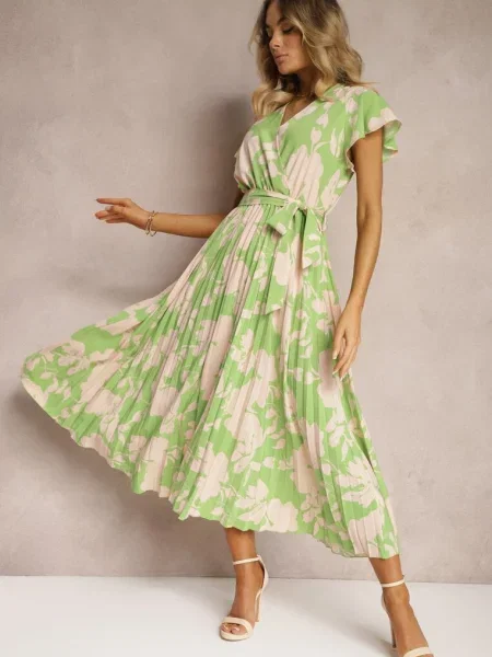 Zielono-Beżowa Kopertowa Plisowana Sukienka Koktajlowa z Gumką i w Talii Benelsea beżowa