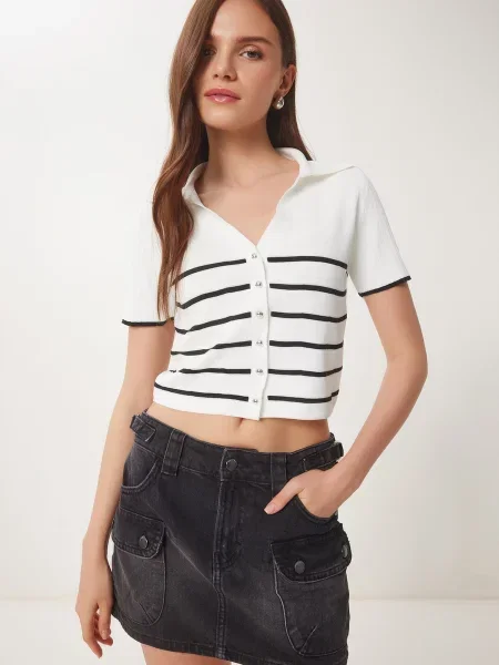 Happiness İstanbul Geacă tricotată ecru negru