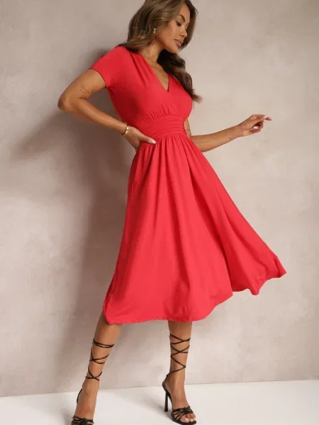 Rochie Creion cu Decolteu Învoltat Cloș Rimadea roșie