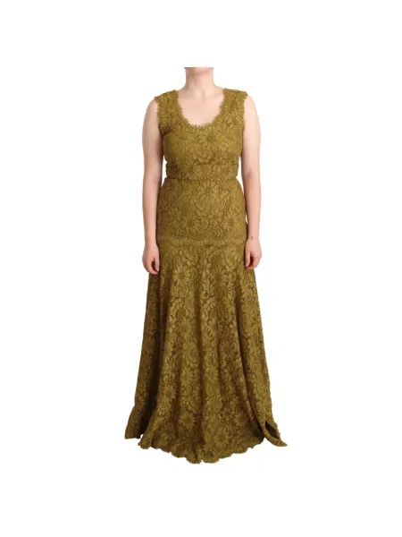 Sukienka maxi Dolce And Gabbana bez rękawów z dekoltem w serek koronkowa brązowa