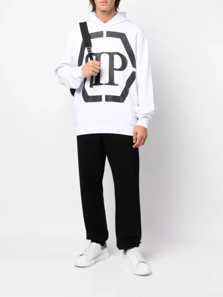 Lung hanorac cu glugă Philipp Plein cu imagine alb
