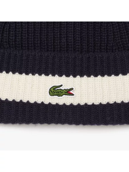 Lacoste Czapka Wełniana Z Prążkowanej Dzianiny granatowa
