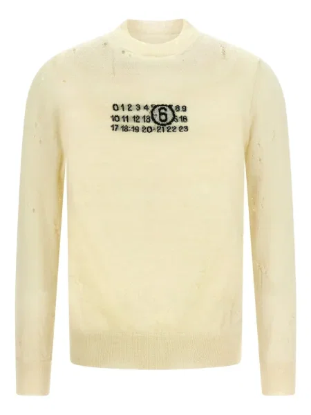 Vlněný vlněný svetr Mm6 Maison Margiela s oděrkami béžový