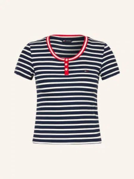Tommy Jeans Tričko S Výstřihem Henley tmavě modrá / červená bílá