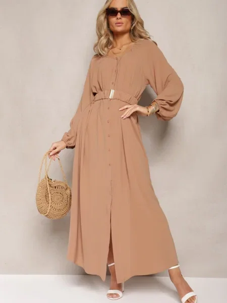 Rochie deschis Maxi lejeră cu și cu cataramă metalică Ferian maro