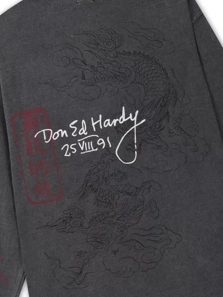 Ed Hardy Tričko Flying Twin Dragon antracitová biela