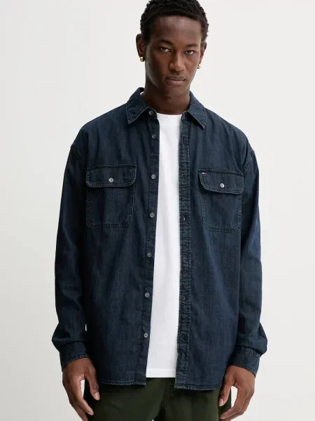 Džínová košile Tommy Jeans tmavomodrá relaxed s klasickým límcem