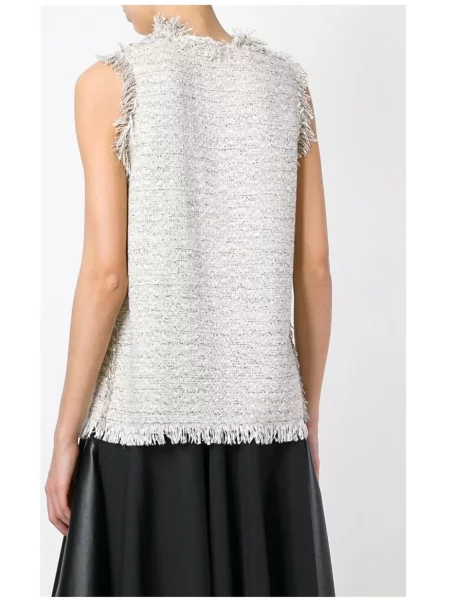 Top Lanvin cu franjuri din tweed alb