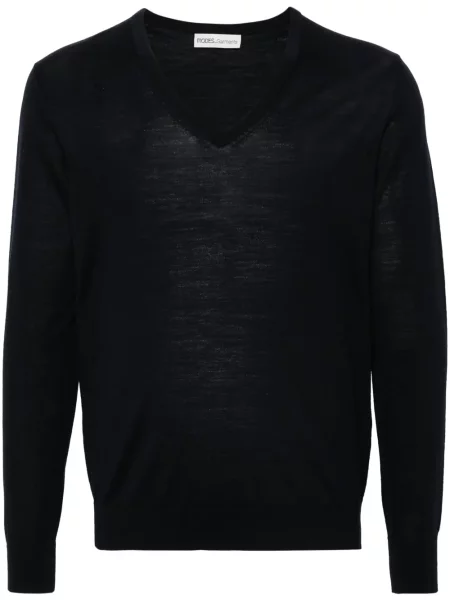 Sweter Modes Garments wełniany z dekoltem w serek niebieski