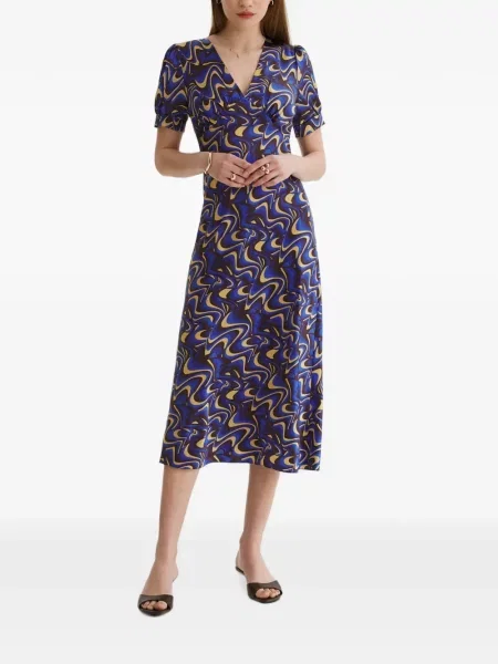 Rochie midi Framboise de mătase cu imagine cu imprimeu abstract albastru