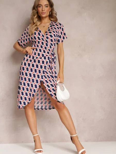 Rochie bleumarin tip plic cu cordon în talie cu model geometric Aphrosia