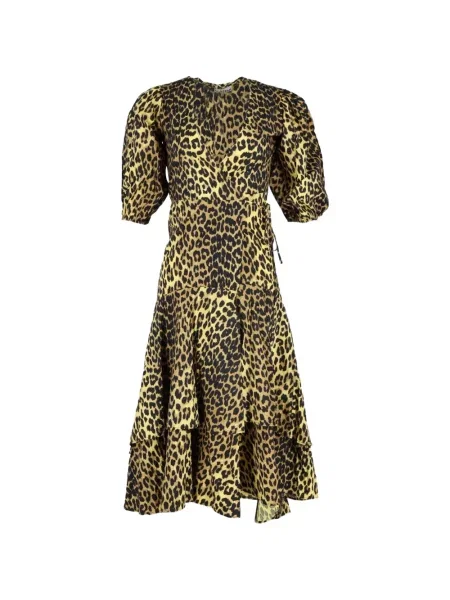 Rochie midi Ganni cu imagine cu model leopard până la genunchi galben