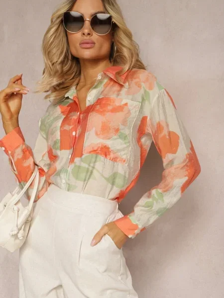 Cămașă portocaliu-bej largă cu mânecă lungă și decolteu în V Latania bej