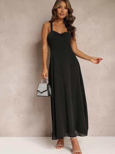 Rochie de Cocktail Cloș Malori cu Spate Decoltat și Legat neagră