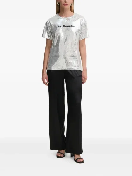 Tricou The Kooples cu paiete scurt argintiu