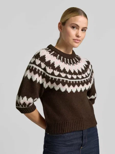 Sweter w stylu dzianiny o kroju regular fit model Jacquard' Rich & Royal brązowy