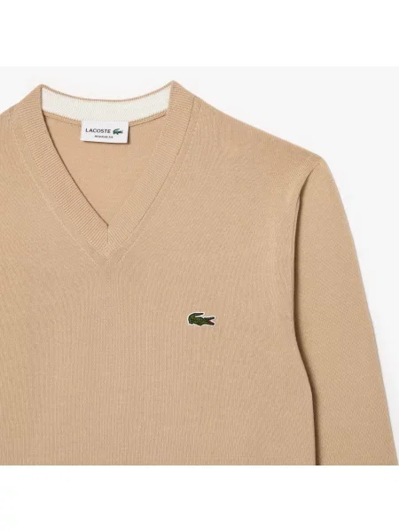 Lacoste Monochromatyczny Sweter Z Dekoltem V beżowy
