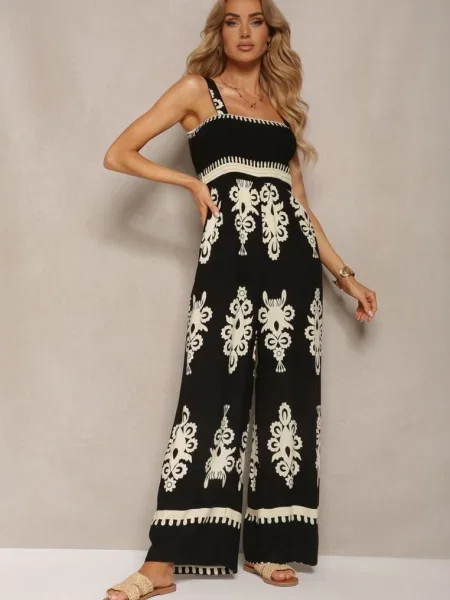 Salopeta Neagră-Bej din Vascoză cu Decolteu Drapat pe Bretele cu Pantaloni Lungi Amperia negru