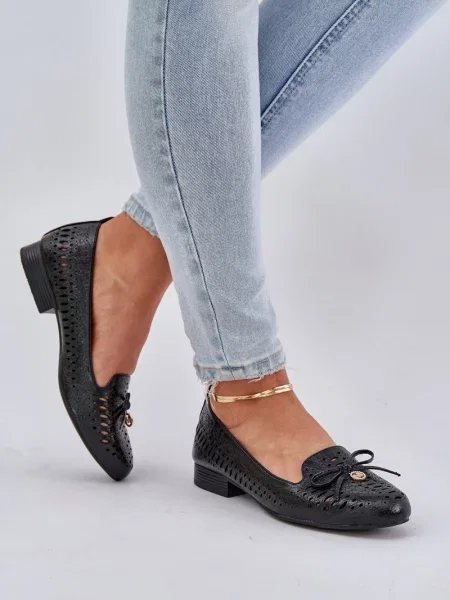 Kožené lakované mokasíny Pe2 s mašlí černé