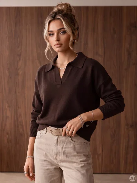 Sweter z kołnierzykiem polo czekoladowy Dstreet