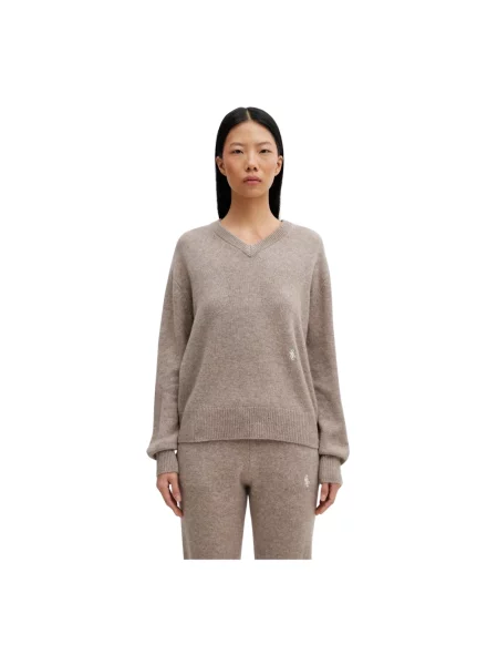 Sweter Sporty And Rich wełniany z dekoltem w serek beżowy