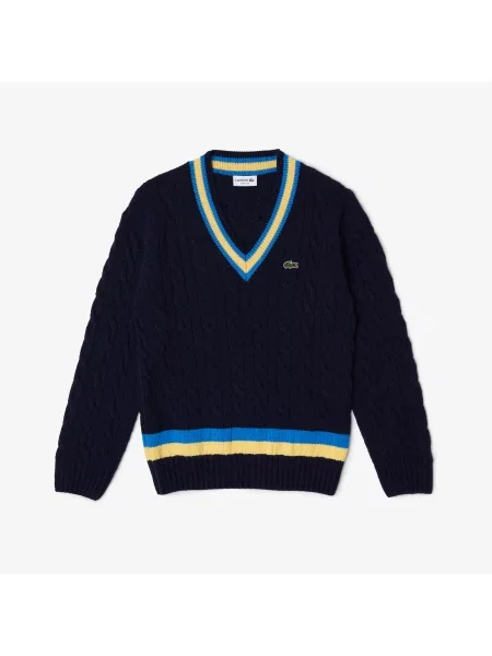 Lacoste Sweter Wełniany W Pasy W Kontrastowych Kolorach Z Dekoltem W Kształcie Litery V Classic Fit granatowy